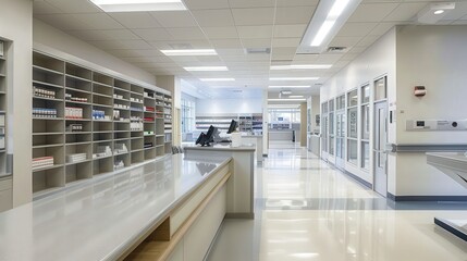 Poster - This hospital pharmacy is organized with sleek, modern shelving and clear labeling