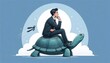© Sahir_Stock - businessman in a suit riding a turtle symbolizing slow progress under full moon in the night sky cloud and arrow in the background