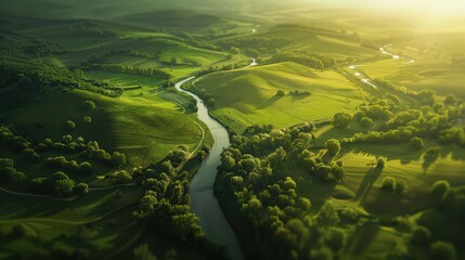 Poster - Visualize the tranquility of a countryside landscape, with rolling hills and meandering rivers, in a peaceful bird's eye perspective.