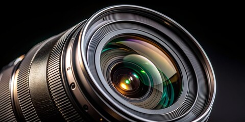 Wall Mural - Highly detailed close-up shot of a camera lens isolated on a sleek black background, showcasing the intricate mechanics and precision engineering of photography equipment.