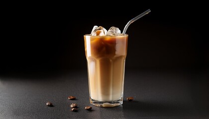 Wall Mural -  A tall, transparent glass of iced latte, showing layers of creamy milk