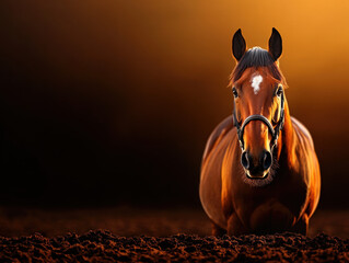 Canvas Print - A brown horse is standing in a field of dirt