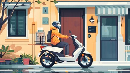 Depict a food delivery service offering contactless delivery options, with a rider leaving the meal at the doorstep and maintaining social distancing