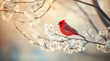 Wall Mural - A vibrant red bird perched on a blossoming tree branch in spring