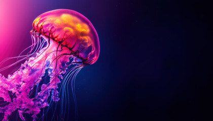 A jellyfish is shown in a dark blue background