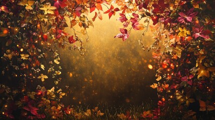 Sticker - Autumn Leaves with String Lights and Gold Background