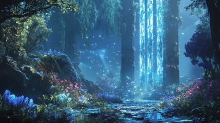 Poster - Ethereal Forest Path with Glowing Pillars and Fairy Lights