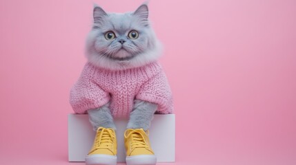 Wall Mural - A Fashionable Cat in a Pink Sweater and Yellow Sneakers