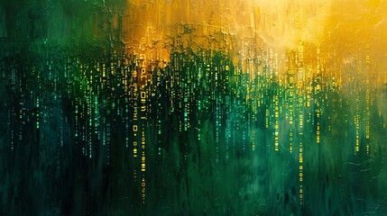 Poster - Cascading binary code in green and yellow hues, capturing the essence of data transfer and technological progress.