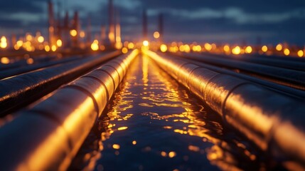 Wall Mural - A close-up of crude oil flowing through refinery pipes, symbolizing the core of global energy demand and the vital role of oil in the energy market.