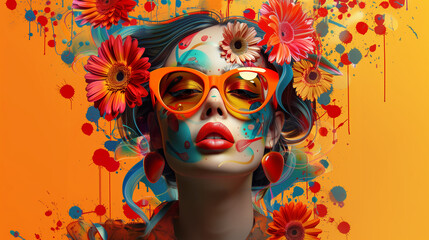 Wall Mural - modern painting in pop art style of young pretty woman in orange sunglasses on bright background wit