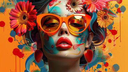 Wall Mural - modern painting in pop art style of young pretty woman in orange sunglasses on bright background wit