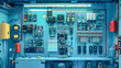 © Anoo - Intricate electrical components illuminate the workspace, showcasing the detailed engineering of industrial machinery in bright colors and fine craftsmanship