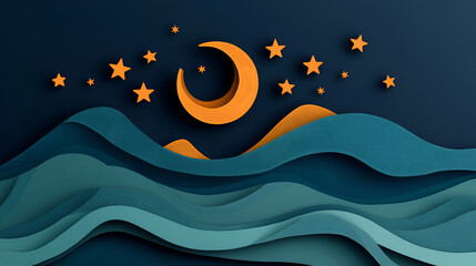 Wall Mural - Abstract Moon and Stars Night Sky with Paper Cut Out Waves - Perfect for Greeting Cards, Invitations, or Posters