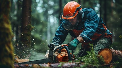 Lumberjack cutting a log with a chainsaw in a forest.