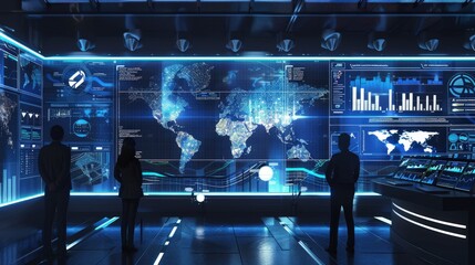 Poster - Design a global business environment with a high-tech control center and digital displays of international financial data.