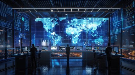 Poster - Design a global business environment with a high-tech control center and digital displays of international financial data