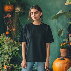 Wall Mural - Black T-shirt Mockup, Woman, Girl, Female, Model, Wearing a Black Tee Shirt and Blue Jeans, Blank Shirt Template, Standing in a Green Room with Halloween Pumpkins And Plants, Close-up View