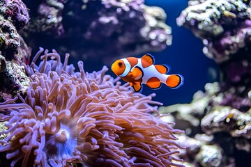 Vibrant clownfish swimming among sea anemones in an aquarium