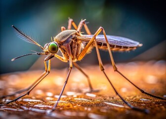 Macro view of a solitary mosquito perched on a smooth surface, its compound eyes and delicate wings clearly visible as it searches for sustenance.