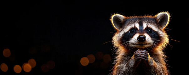 Wall Mural - A raccoon is smiling and holding its paws up in the air