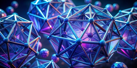 Aufkleber - Vibrant 3D rendering of intricate geometric crystal structure featuring interconnected polyhedral shapes in mesmerizing patterns of blue and purple hues against a dark background.