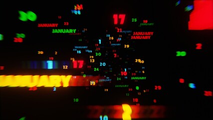 Poster - January Calendar Dates in Vibrant Motion on Black Background