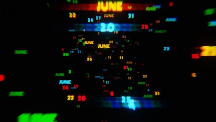 Poster - JUNE Calendar Dates in Vibrant Neon Colors on Dark Background