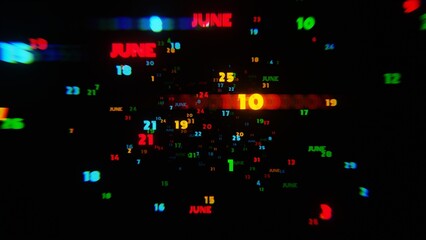 Poster - JUNE Calendar Dates in Vibrant Neon Colors on Dark Background