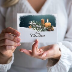 Closeup of woman's hand holding christmas greeting card paper.
