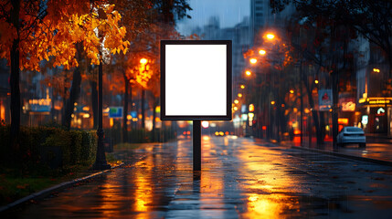 Poster - A blank billboard on a rainy street illuminated by city lights.