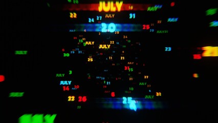 Poster - JULY Calendar Dates in Vibrant Neon Colors on Dark Background