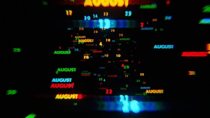 Poster - AUGUST Calendar Dates in Vibrant Neon Colors on Dark Background