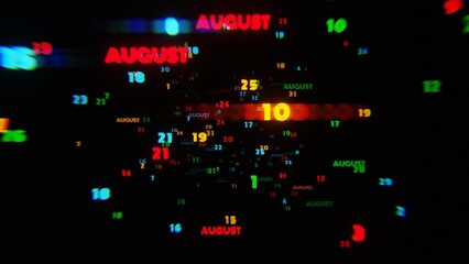 Poster - AUGUST Calendar Dates in Vibrant Neon Colors on Dark Background