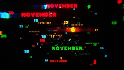 Aufkleber - Abstract digital art with glowing text representing the month of November in vibrant neon colors on a dark background