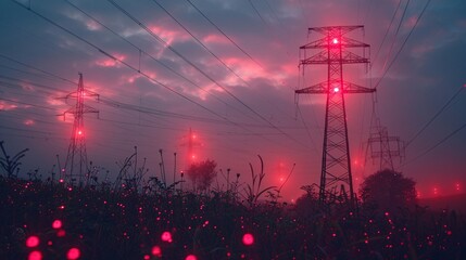 Wall Mural - Glowing data streams on power lines at twilight, representing telecommunications and power distribution within the UK’s electricity grid.