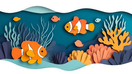 Wall Mural - Vibrant Paper Cut-Out Illustration of Clownfish in Coral Reef