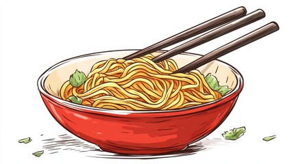 Watercolor Chicken noodle soup or Japanese ramen noodles with vegetables in a bowl on white background,korea noodle and chopsticks that are picking up noodles,vector illustration.