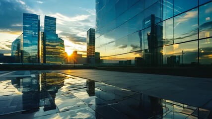 Wall Mural - office building or business center. window buildings made of glass reflect the clouds and the sunset. empty street outside  wall modernity civilization, commercial, skyscraper, architecture