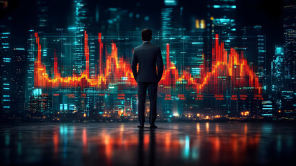 Canvas Print - A businessman analyzing financial data against a city skyline.