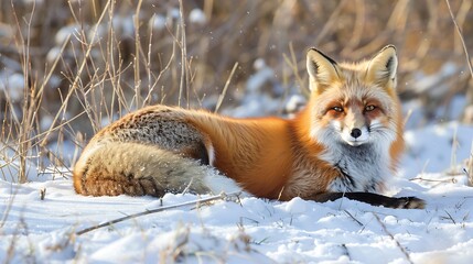 Wall Mural - Red fox laying in the snow with dry grass in the background.