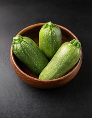 Wall Mural - Zucchini in a bowl on a black background, top view, copy space 