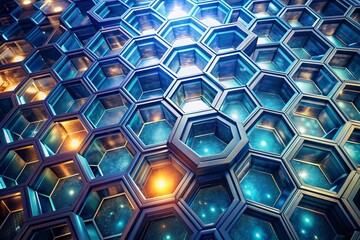 Poster - Vibrant 3D rendering of a futuristic hexagon honeycomb background with intricate geometry, shimmering metallic surfaces, and mesmerizing repetition of symmetrical cells in deep blues and whites.