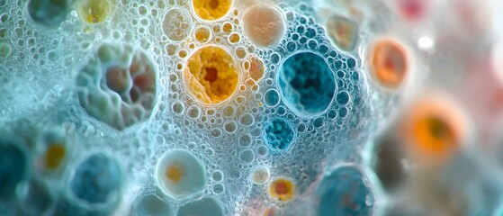 Poster - Vibrant Microscopic View of Diverse Biological Organelles and Cellular Structures  photography showcasing the intricate details and patterns found in microscopic biological samples