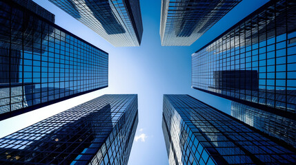 A blue sky background with tall glass buildings, a symmetrical composition, a high-angle perspective, and a sense of space.