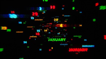 Aufkleber - January Calendar Dates in Vibrant Motion on Black Background