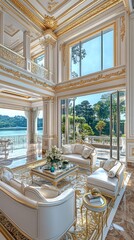 Wall Mural - A large, luxurious living room with a view of the water