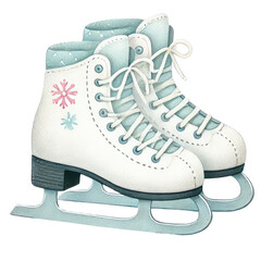 A pair of white ice skates with snowflake decorations, perfect for winter sports and ice skating enthusiasts.