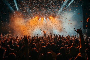 Wall Mural - Delightful excitement fills the air as confetti showers down on performers while an enthusiastic crowd enjoys the unforgettable concert