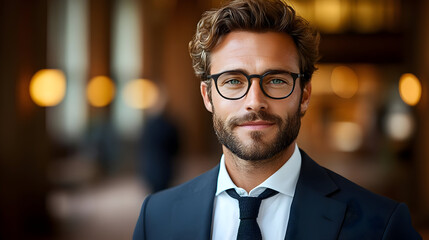 Canvas Print - A confident man in a suit with glasses, smiling at the camera.